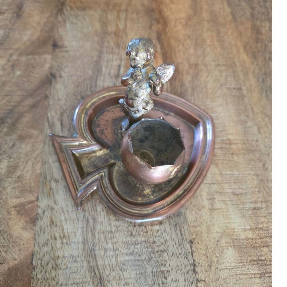 Antique Bronze Brass Ace of Spades Cherub Catchall Trinket Dish Candleholder